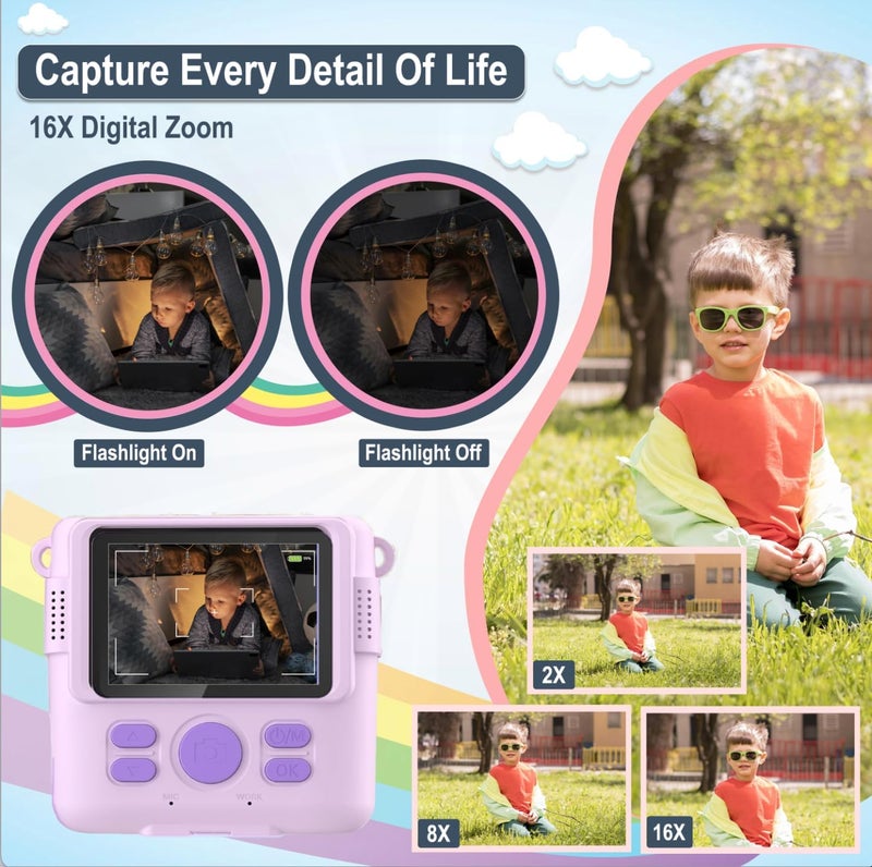 FUNKAM Instant Print Camera for Kids - 2.4" HD 1080P - with 32GB SD Card, 5 Markers, Stickers, 5 Paper Rolls, Lanyard. Camera Boys and Girls from 3 to 14 Years Old. (Purple) - Image 3